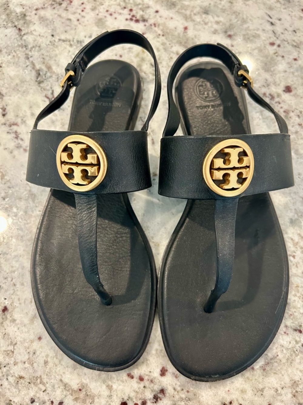 Tory Burch Black Leather Sandals with Gold Logo Medallions size 8